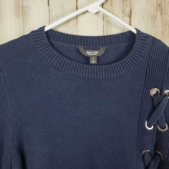 Simply Vera Vera Wang Lace Up Mock Layer Sweater Navy Blue White Size Small - Picture 4 of 12